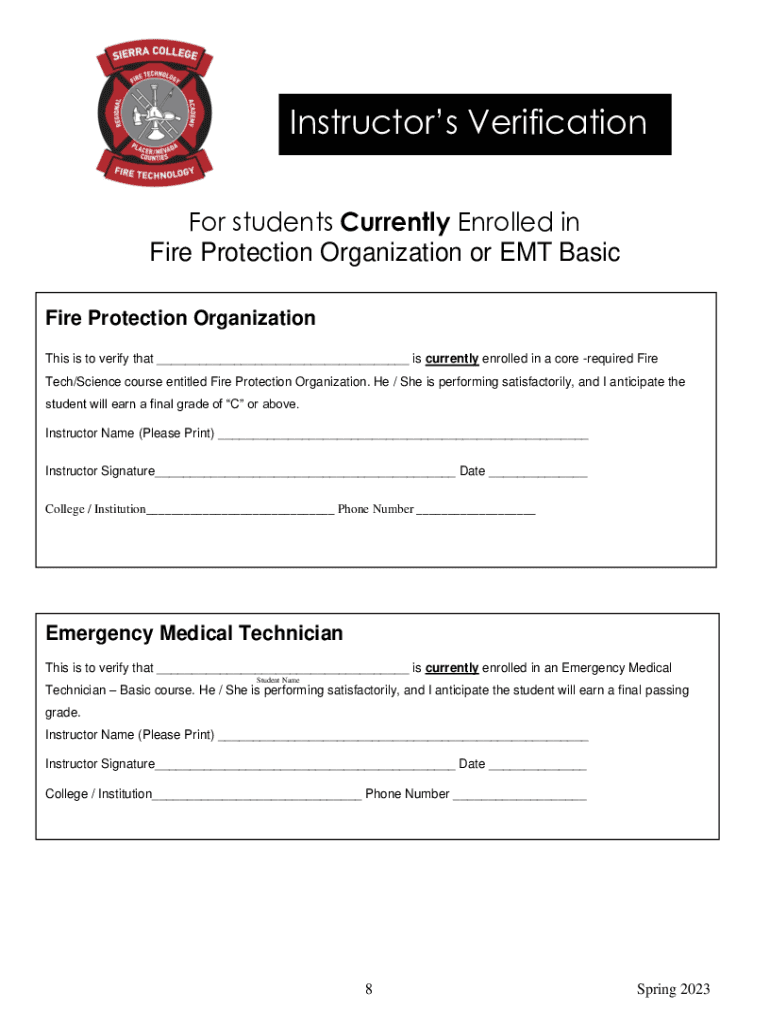 Sierra College Firefighter I and II Academy Spring Fire Application  Form