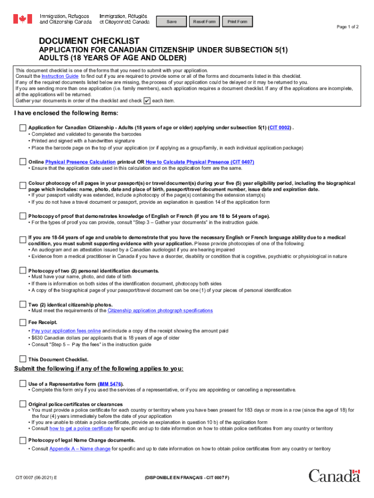 Document Checklist Application for Canadian Citizenship  Form