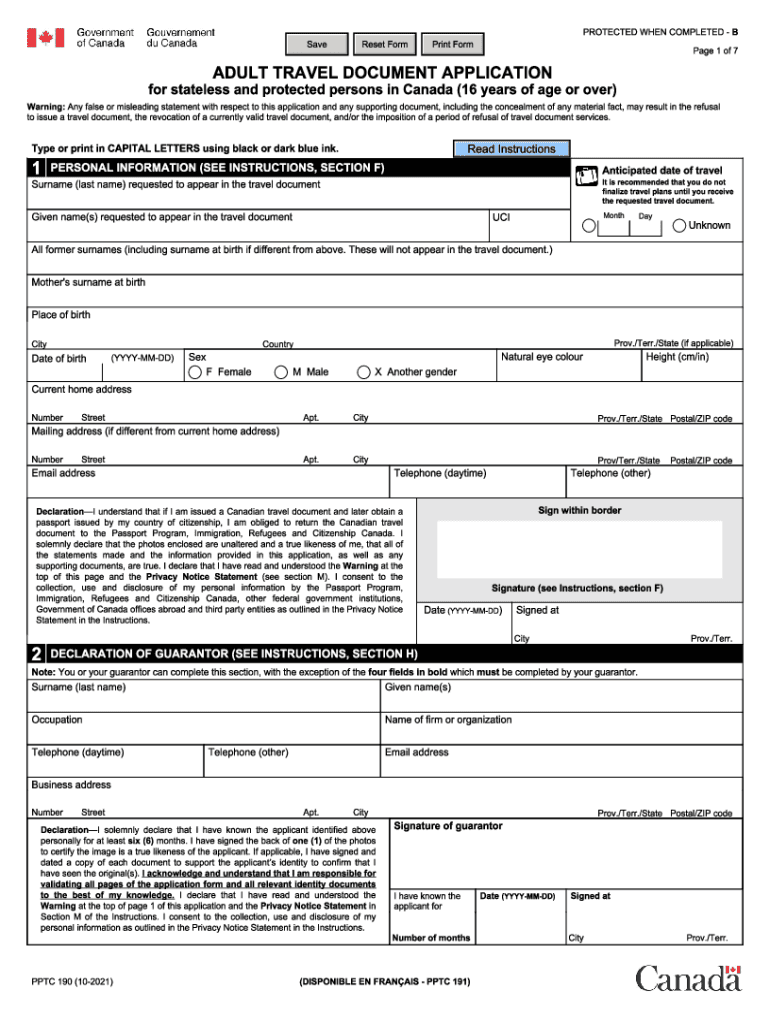 PPTC 190 E Adult Travel Document Applicationfor Stateless and Protected Persons in Canada 16 Years of Age or over Pptc190 PDF  Form