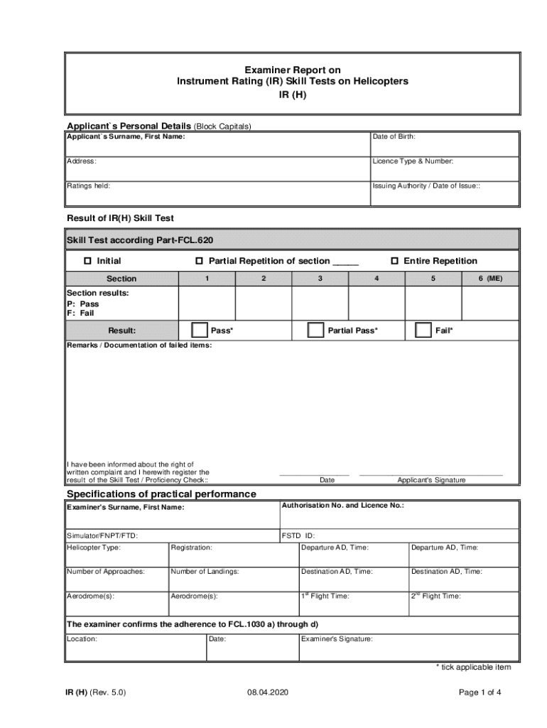 Examiner Report for Instrument Rating a Skill Test  Form