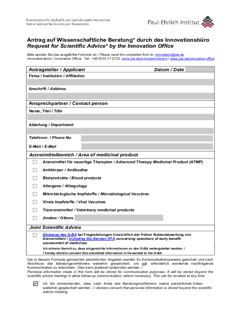 Scientific Advice by the National and European Approval  Form