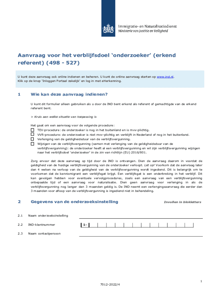 Aanvraag Voor Het Verblijfsdoel 'onderzoeker' Erkend Referent Form