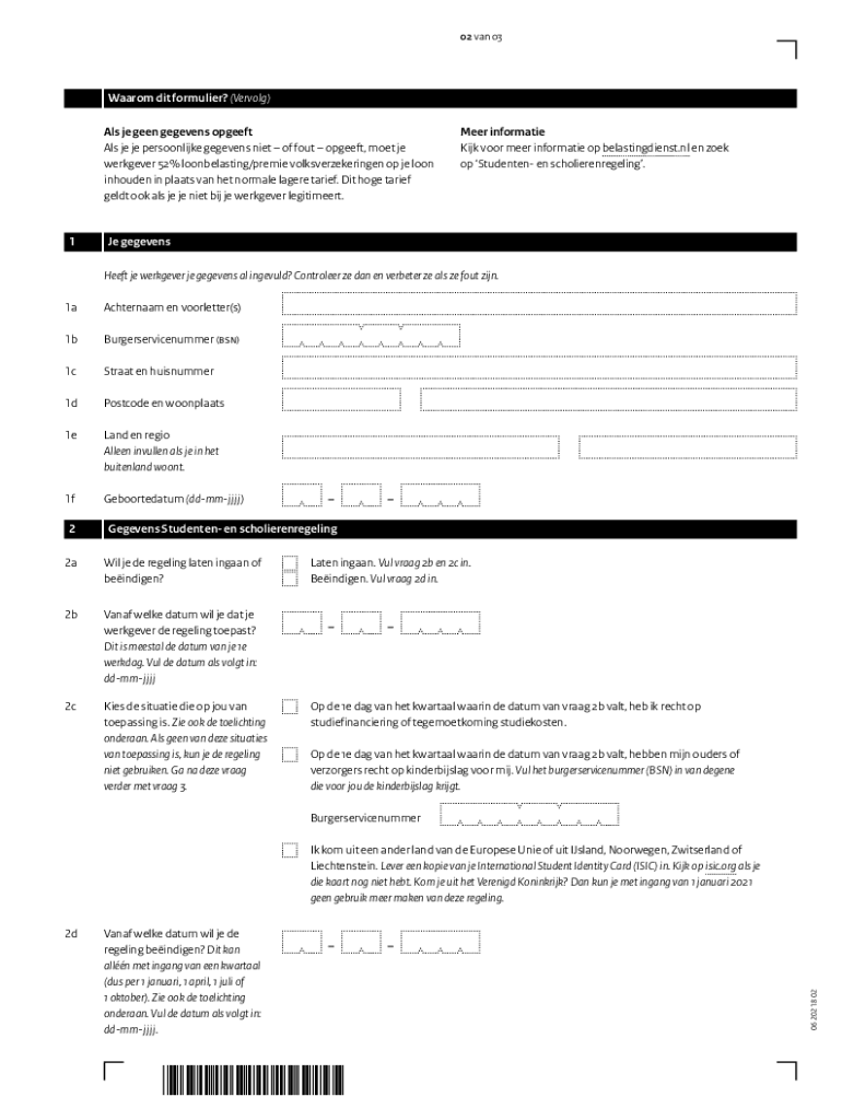 Model Opgaaf Gegevens Voor De Loonheffingen Studenten En Scholierenregeling LH 202 1B*18FOL  Form