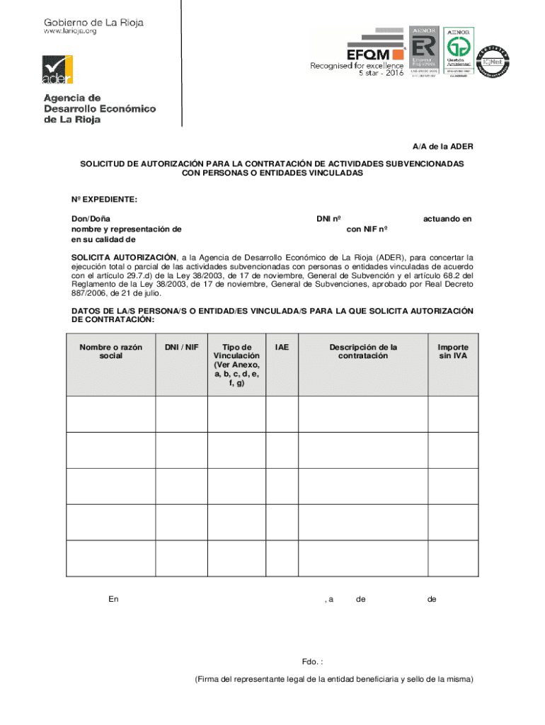 AA De La ADER SOLICITUD DE AUTORIZACIN  Form