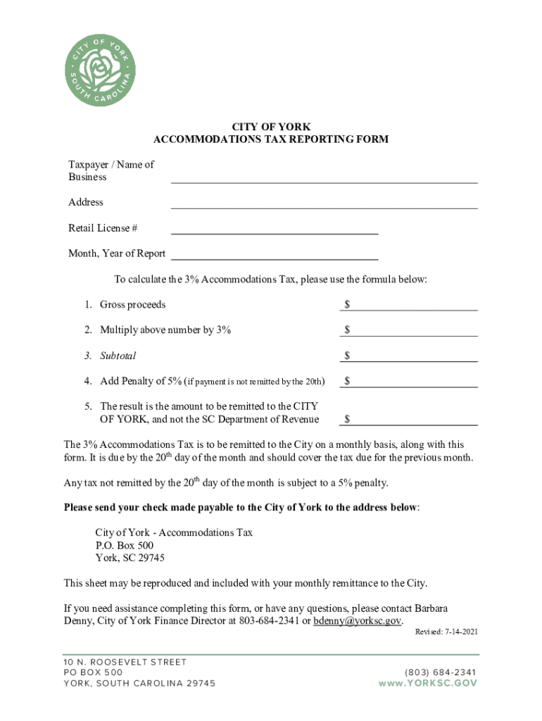  CITY of YORK ACCOMMODATIONS TAX REPORTING FORM Tax 2021-2024