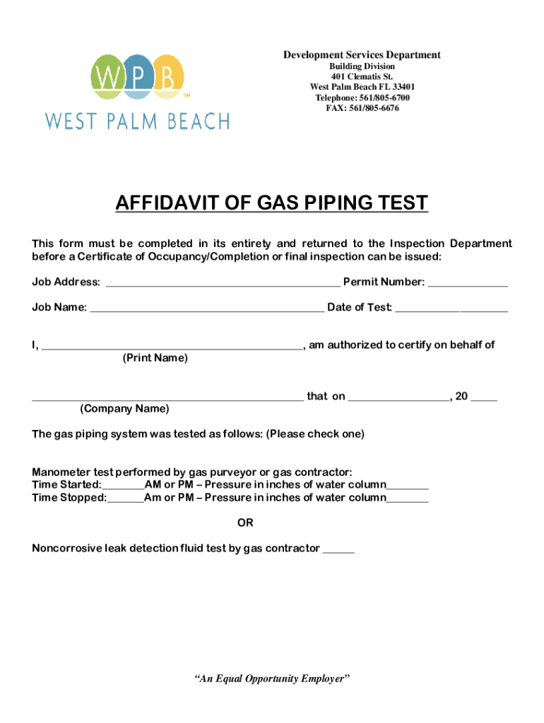 Affidavit of Gas Piping Test  Form