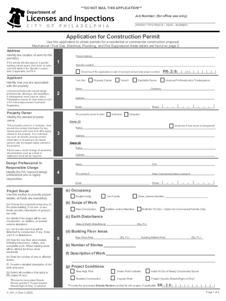 Philadelphia Building Application Construction Permit  Form