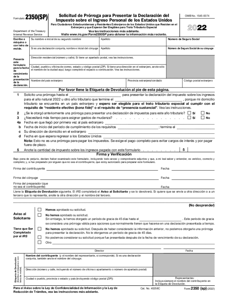  Form 2350SP Application for Extension of Time to File U S Income Tax Return Spanish Version 2022