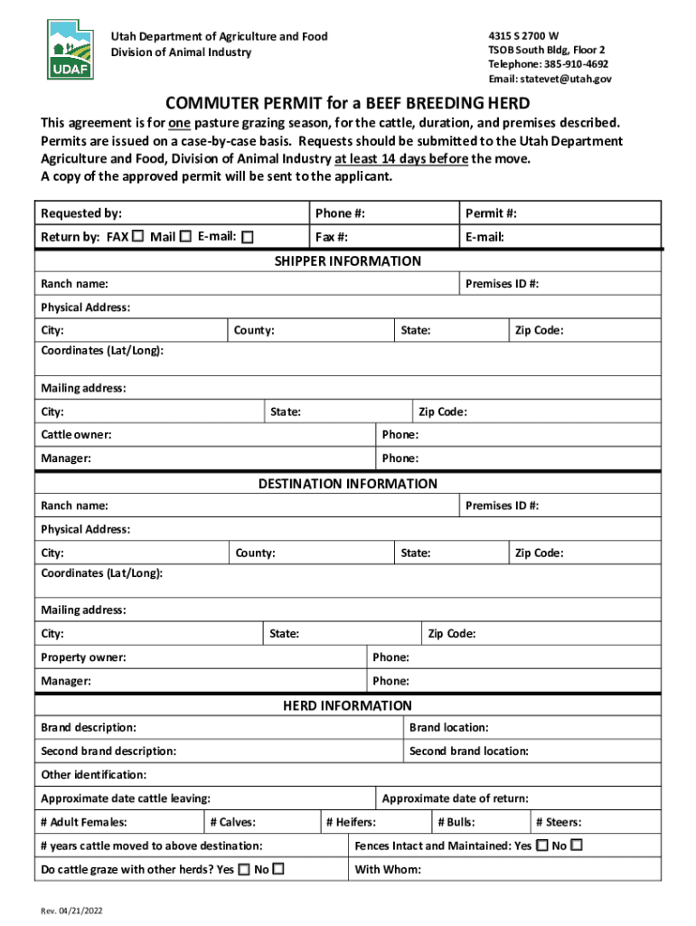 Telephone Email Statevetutah Gov COMMUTER PERMIT for a BEEF BREEDING  Form