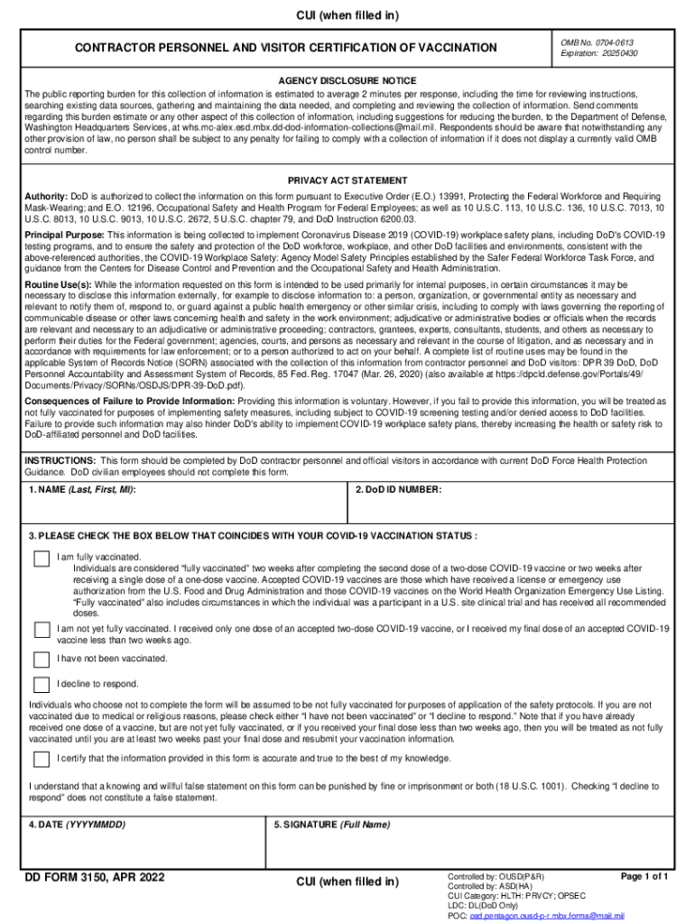  DD Form 3150 &amp;quot;Contractor Personnel and Visitor Certification of 2022-2024