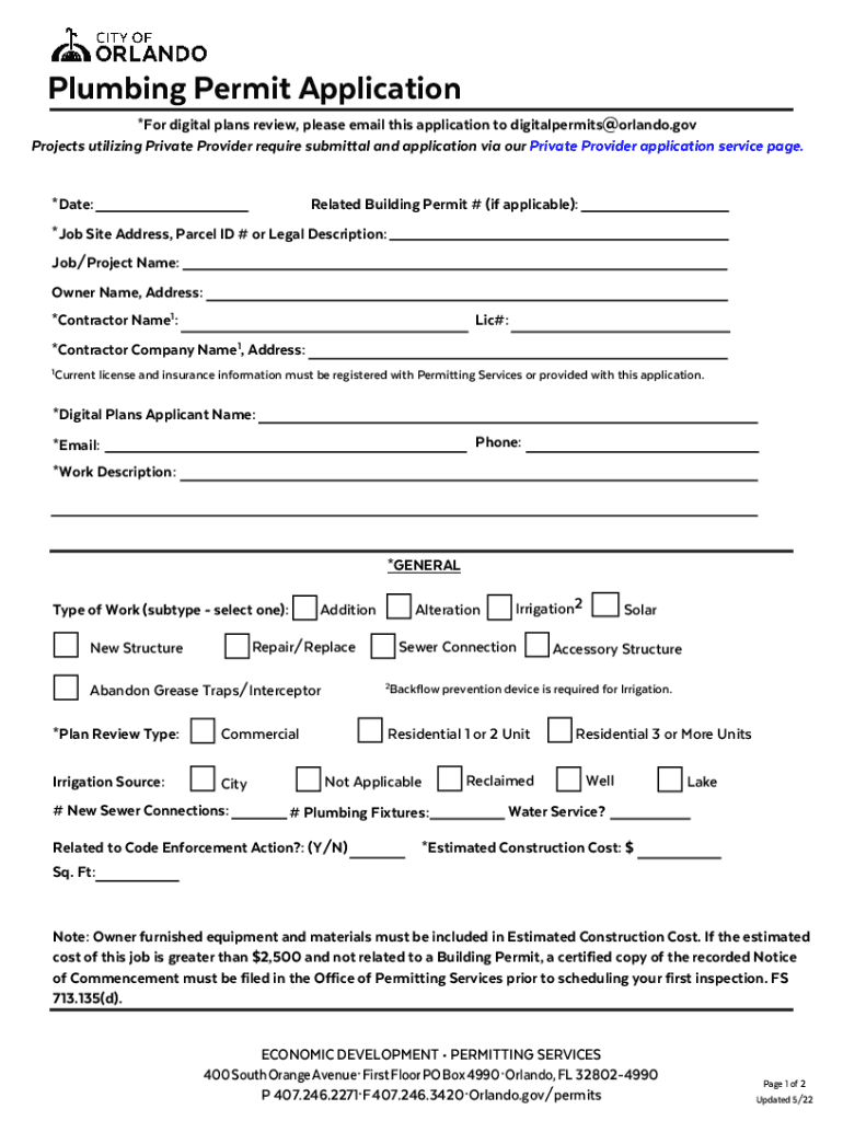 Florida Plumbing Permit Application  Form