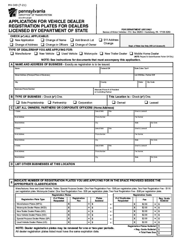 APPLICATION for VEHICLE DEALER REGISTRATION PLATES for DEALERS LICENSED  Form