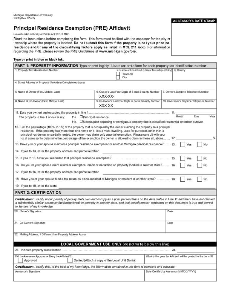 Www Michigan Govtaxes 2368 Principal Residence Exemption PRE Affidavit Michigan  Form