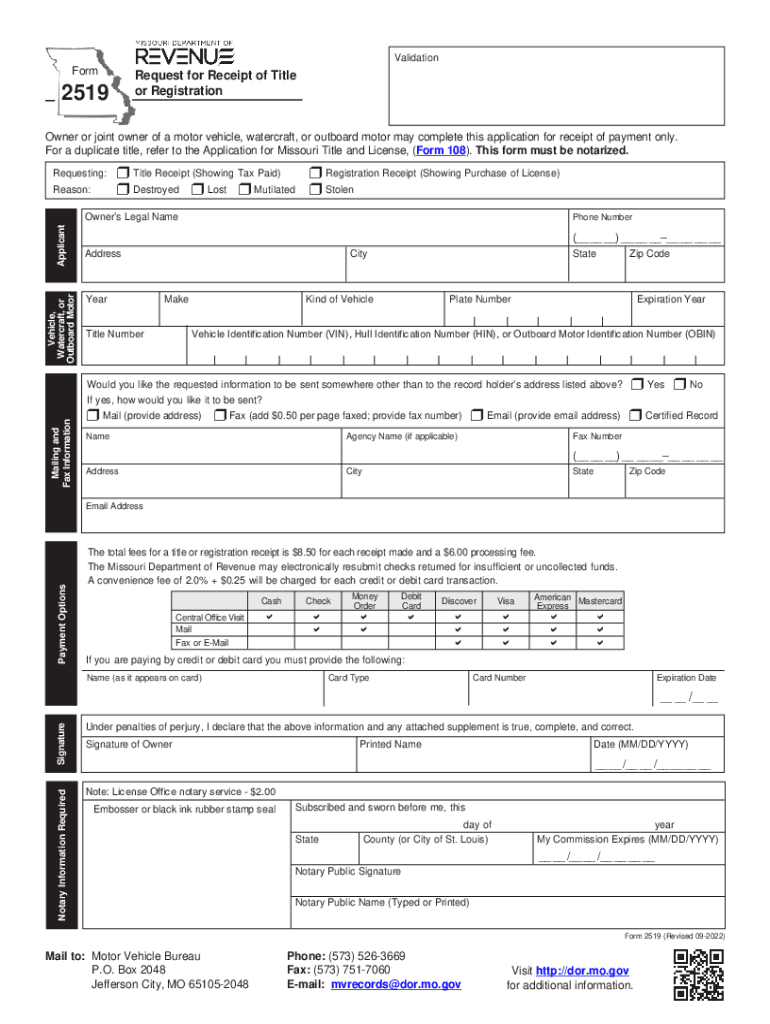 Form 2519 Request for Receipt of Title or RegistrationForm 2519 Request for Receipt of Title or RegistrationForm 2519 Request Fo