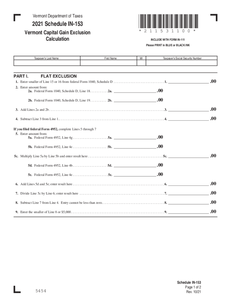 Tax Vermont GovfilesdocumentsVermont Department of Taxes *211531100* Schedule in 153  Form