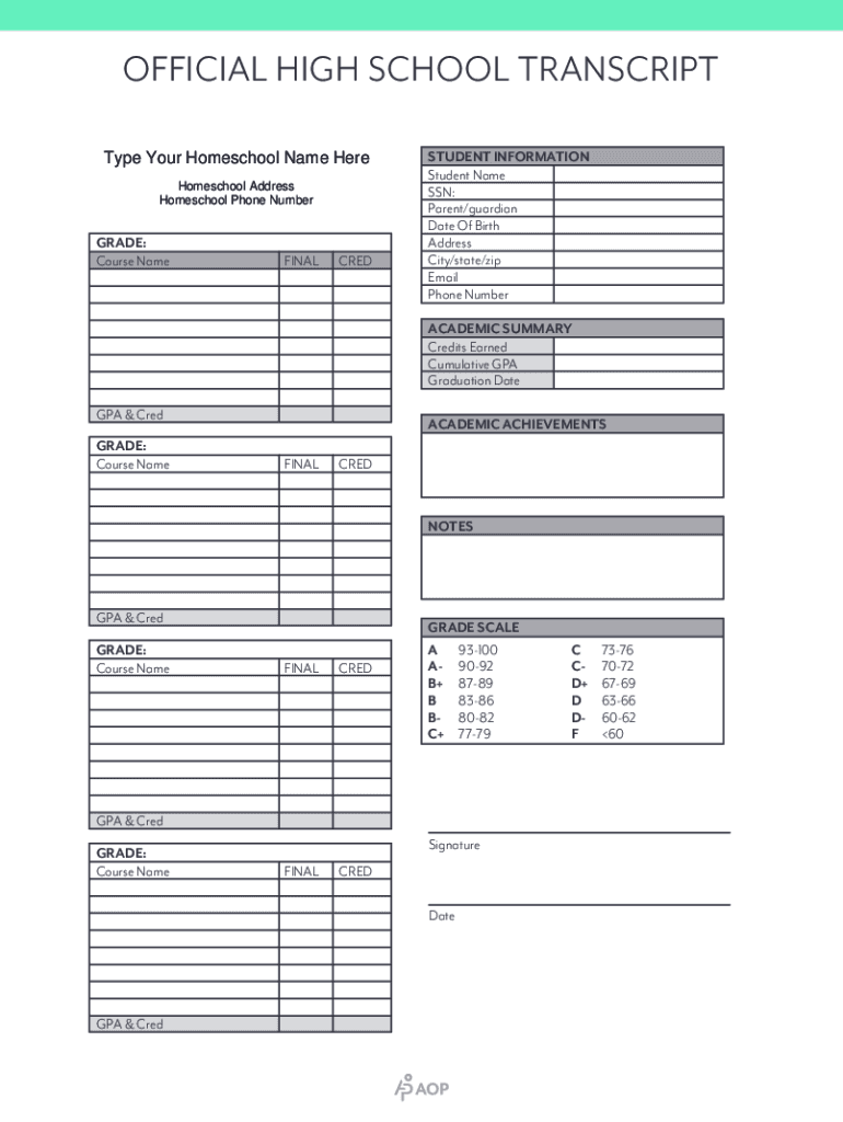 High School Transcript Form
