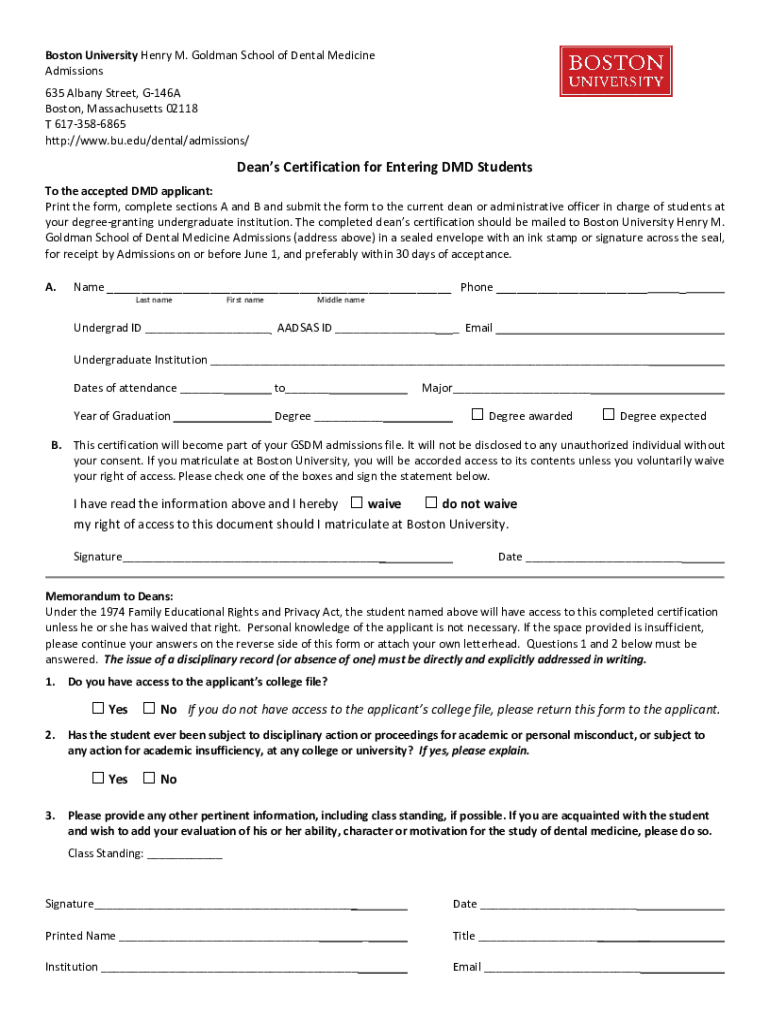 Dean&#039;s Certification for Entering DMD Students  Form