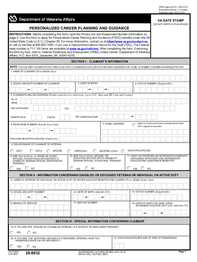  VA Form 28 8832 Personalized Career Planning and Guidance Form from the Department of Veterans Affairs 2021-2024