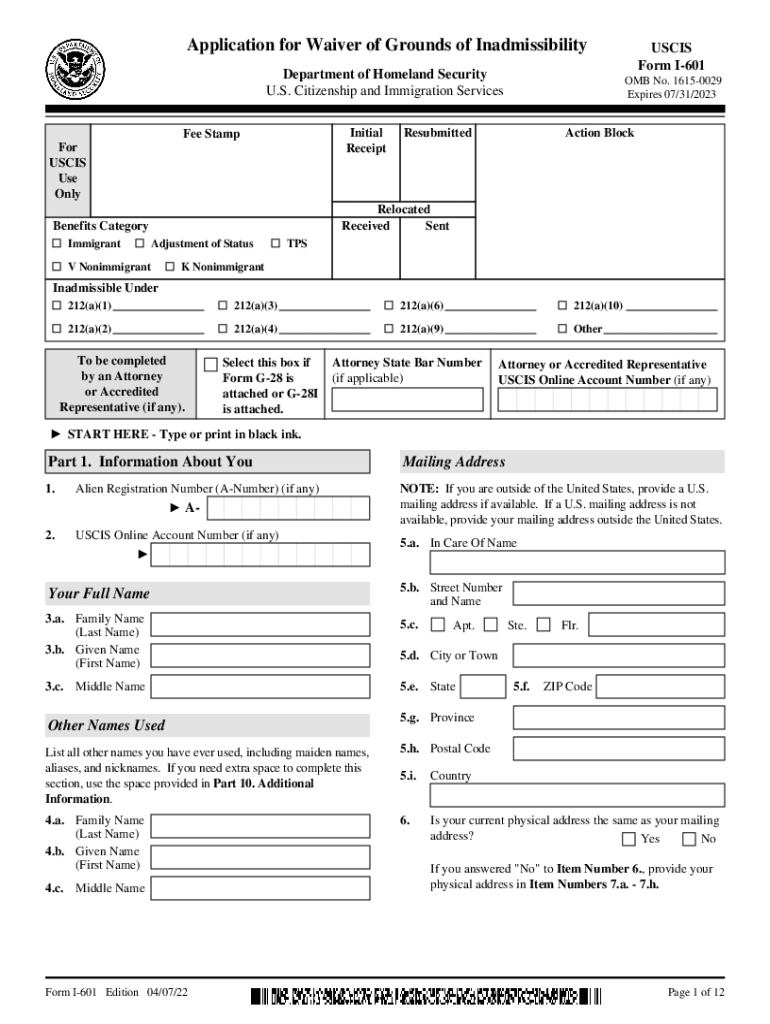 Uscis 601 Waiver Form Fill Out and Sign Printable PDF Template signNow