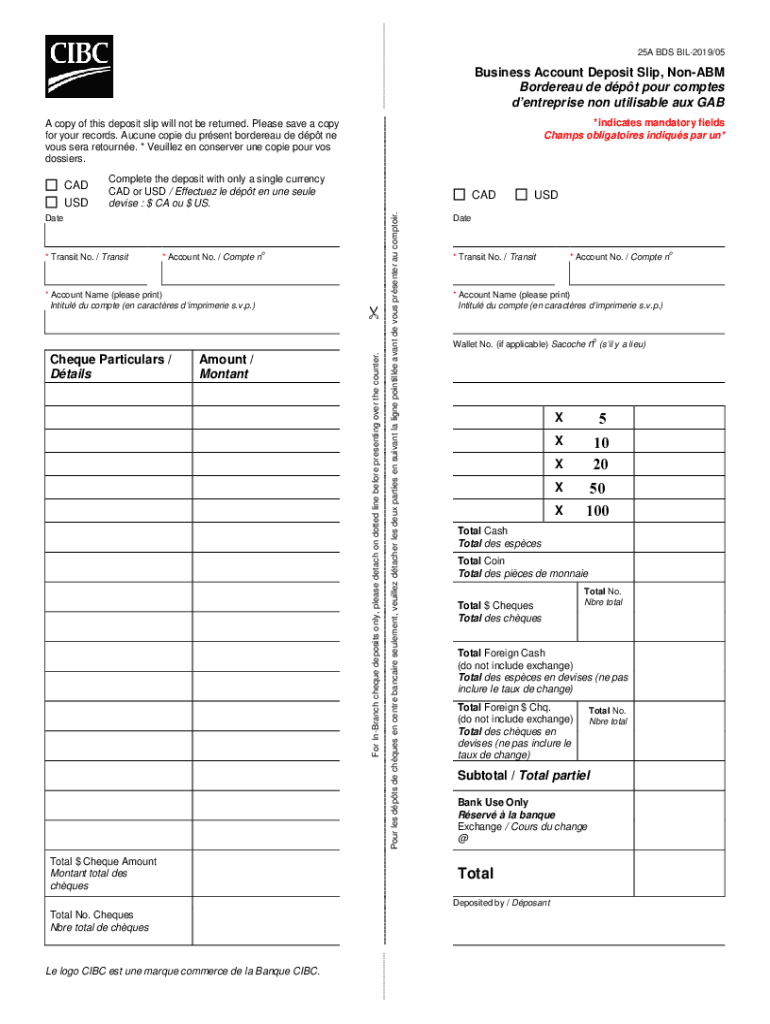  Business Account Deposit Slip, Non ABM Bordereau De Dpt Pour Comptes 2019-2024