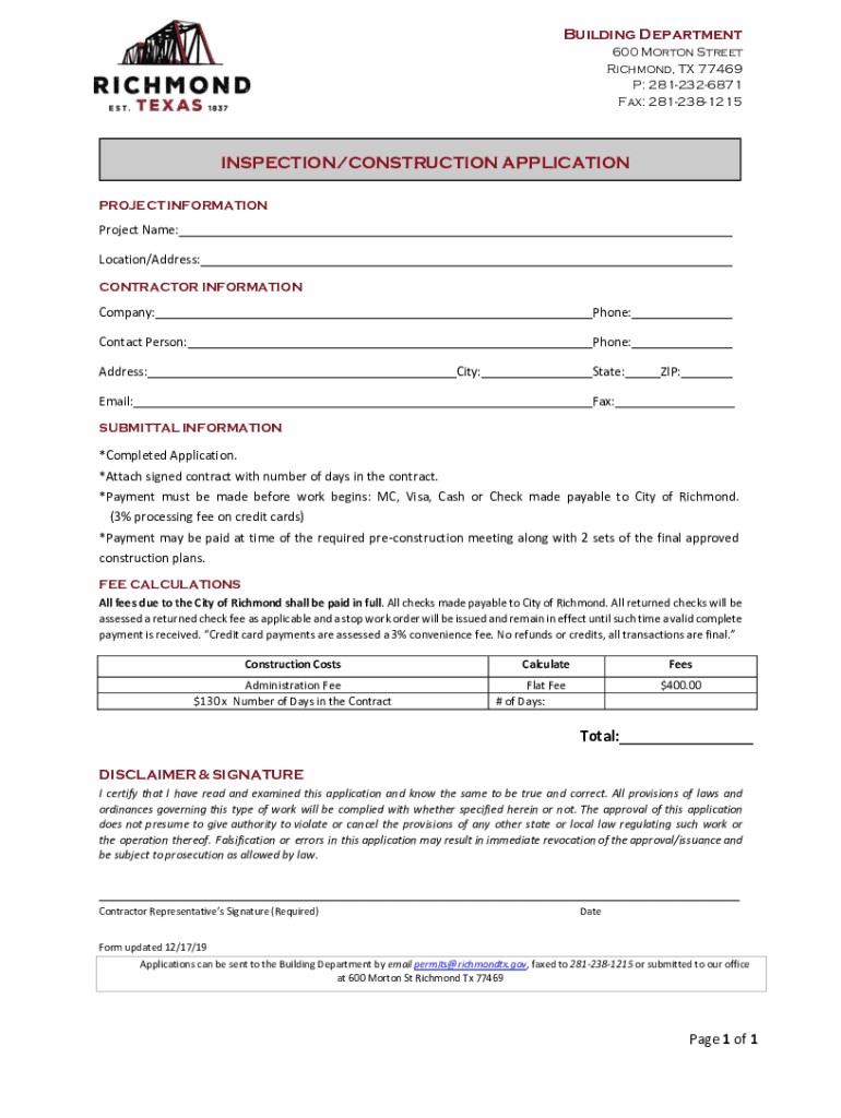 INSPECTIONCONSTRUCTION APPLICATION Richmond, TX  Form