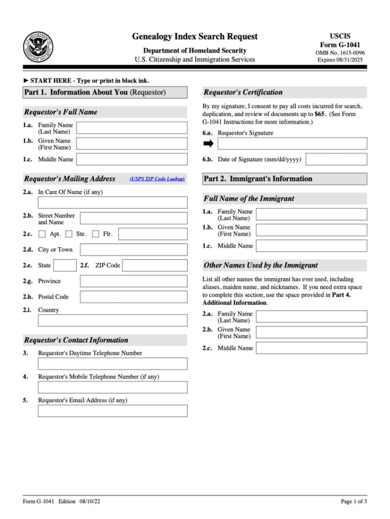 Form G 1041, Genealogy Index Search Request G 1041 PDF