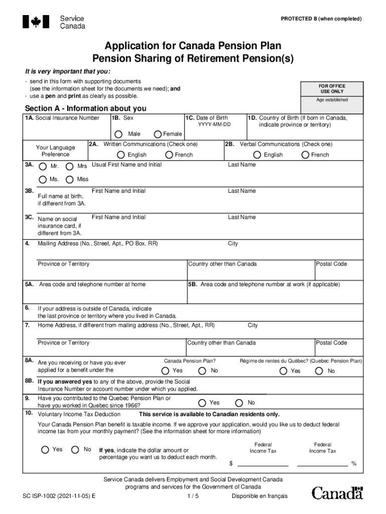 Application for Canada Pension Plan Pension Sharing of Retirement Pensions  Form