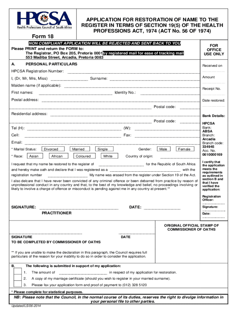 APPLICATION for RESTORATION of NAME to the REGISTE  Form