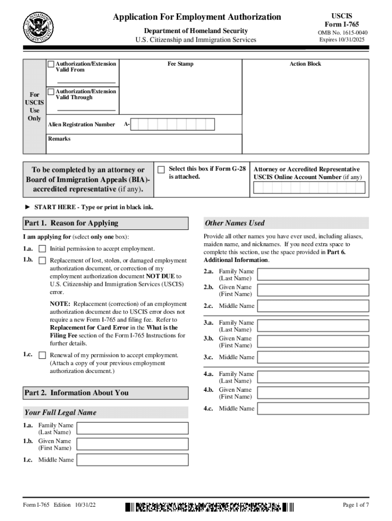 Form I 765 Application for Employment Authorization USCIS Fill 2022
