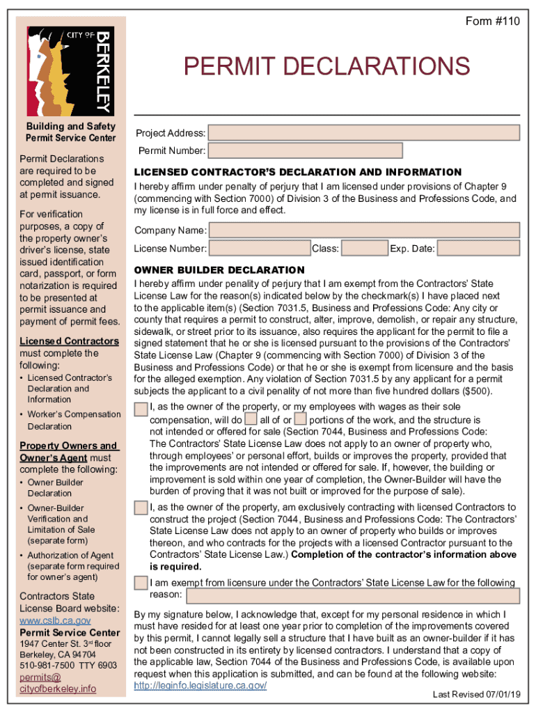 Form 110 &amp;quot;Permit Declarations&amp;quot; City of Berkeley, California