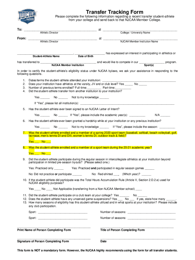  NJCAA TRANSFER TRACKING FORM South Mountain Community College 2021-2024