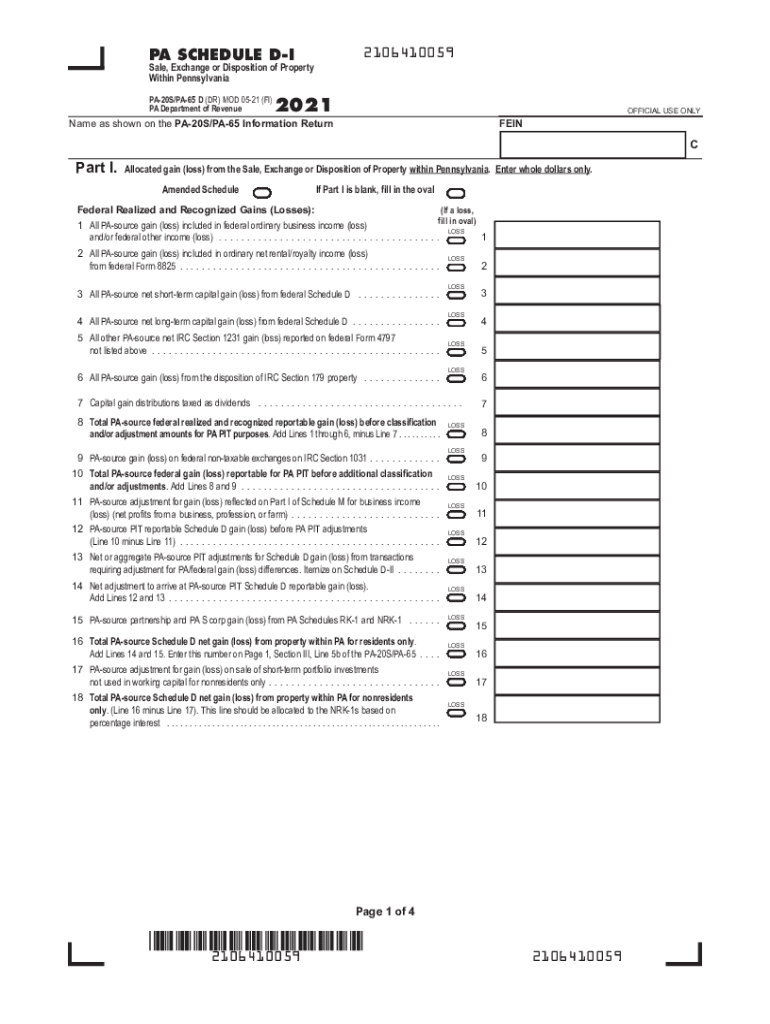  PA Schedule D Sale, Exchange or Disposition of Property within Pennsylvania PA 20SPA 65D FormsPublications 2021