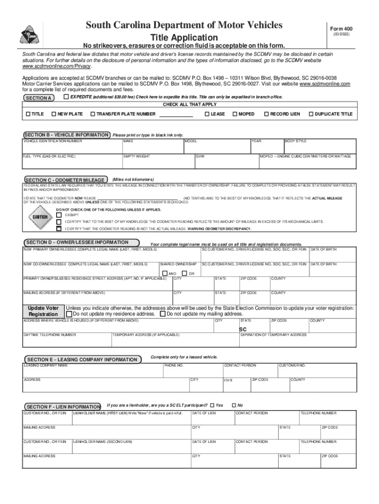 Scdmv 400 20222024 Form Fill Out and Sign Printable PDF Template