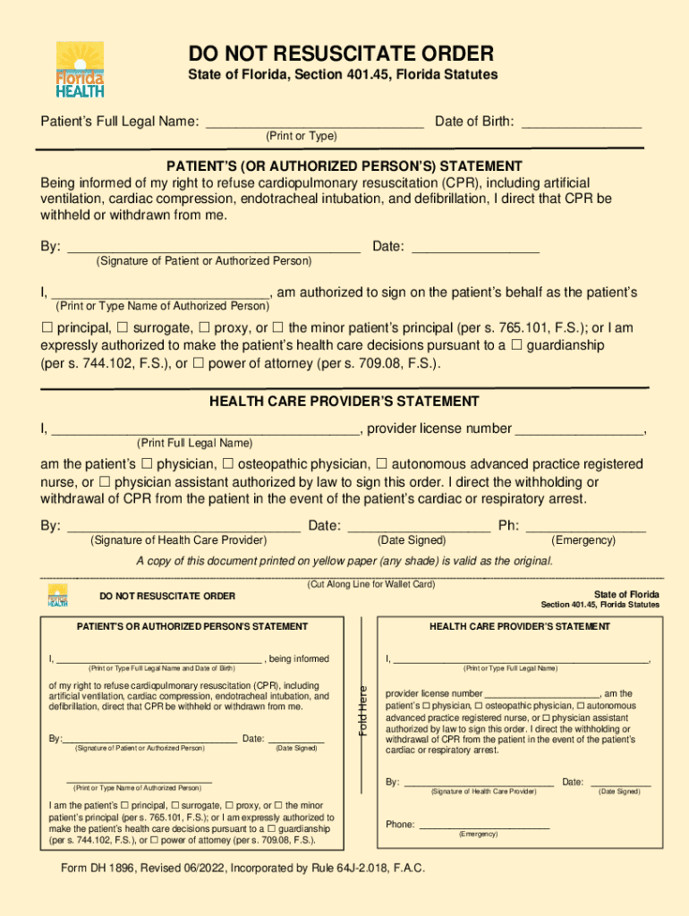  DO NOT RESUSCITATE ORDER Florida Department of Health 2022-2024