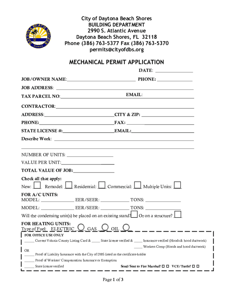 City of Daytona Beach Shores Mechanical Permit Application  Form