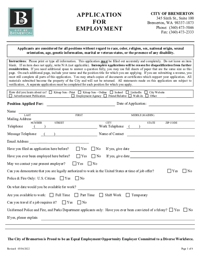 Www Bremertonwa Gov167Application ProcessApplication ProcessBremerton, WA Official Website  Form