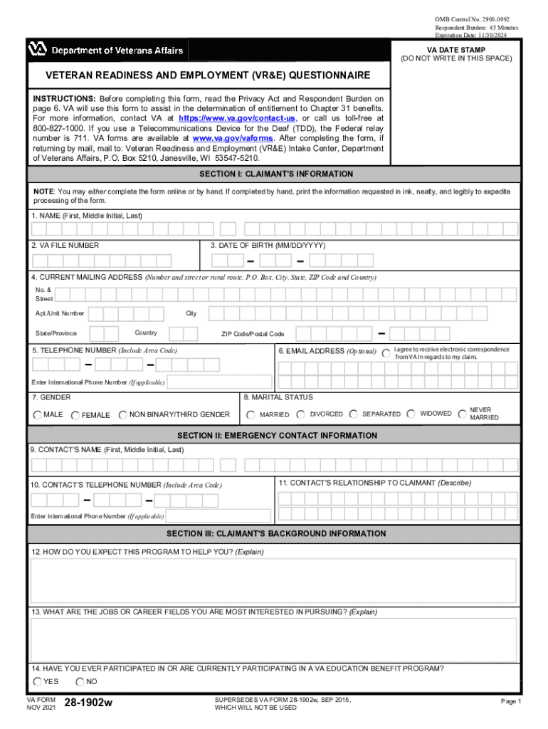  Www Vba Va GovpubsformsVETERAN READINESS and EMPLOYMENT VR&amp;amp;E QUESTIONNAIRE 2021-2024