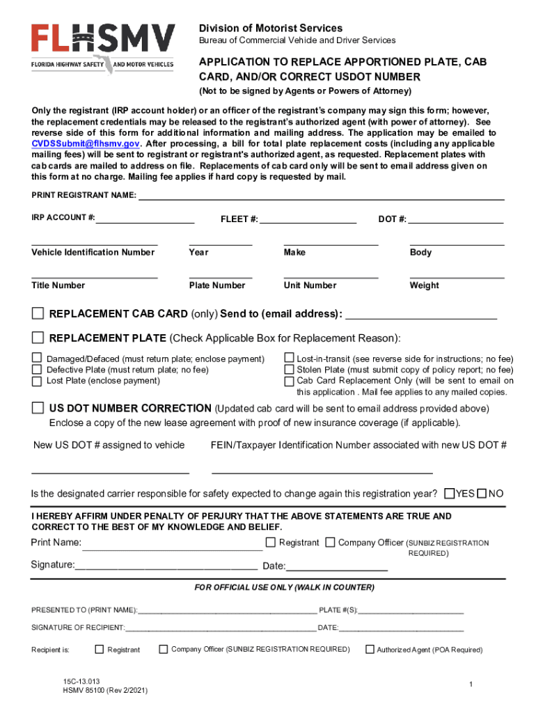 Application to Replace an Apportioned License Plate Andor Cab Card  Form