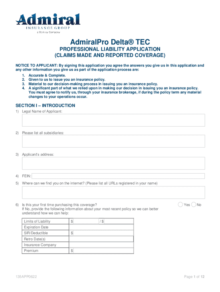 Www Admiralins Com Wp Content UploadsAdmiralPro Delta TEC RENEWAL PROFESSIONAL LIABILITY APPLICATION  Form