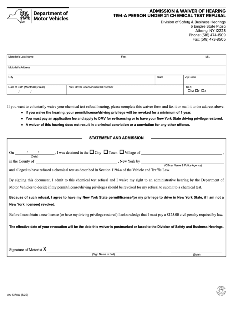 NY DMV AA 137AW Form