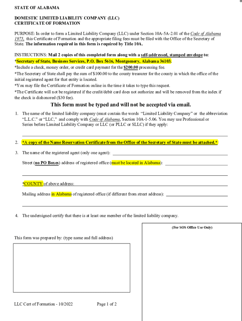  STATE of ALABAMA DOMESTIC LIMITED LIABILITY COMPAN 2022-2024