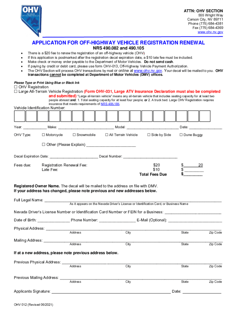 OHV 12 APPLICATION for off HIGHWAY VEHICLE REGISTRATION RENEWAL  Form