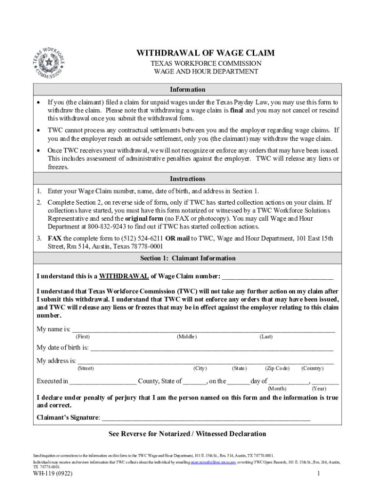 Wage Claim and Appeal Process in Texas Texas Workforce Commission  Form