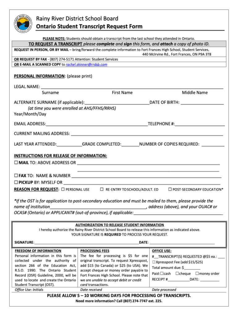 Ontario Student Transcript Request  Form