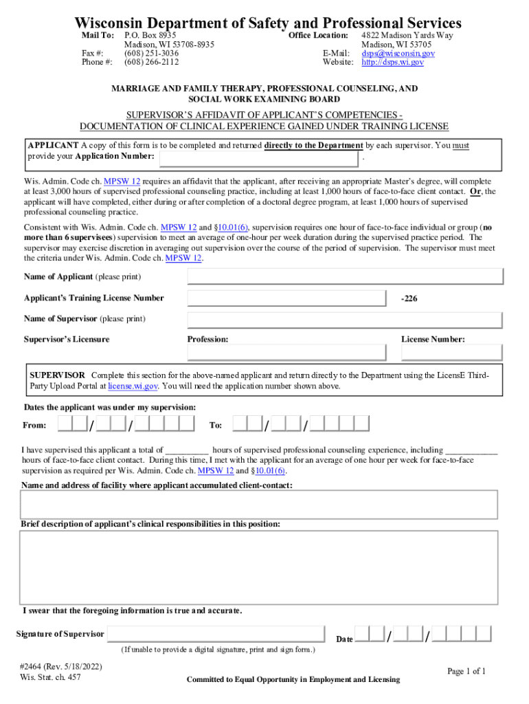 #2464, Supervisor&#039;s Affidavit of Applicant&#039;s Competencies Documentation of Clinical Experience Gained under Training L  Form