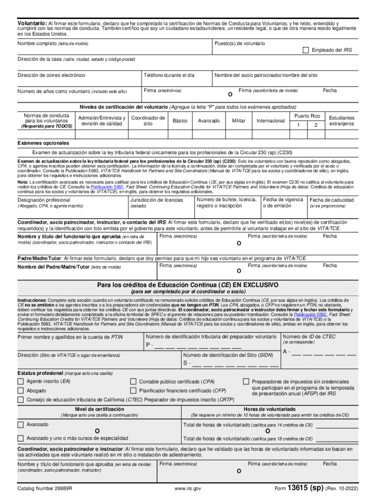  Form 13615 Sp Rev 10 Volunteer Standards of Conduct AgreementVITATCE Programs Spanish Version 2022