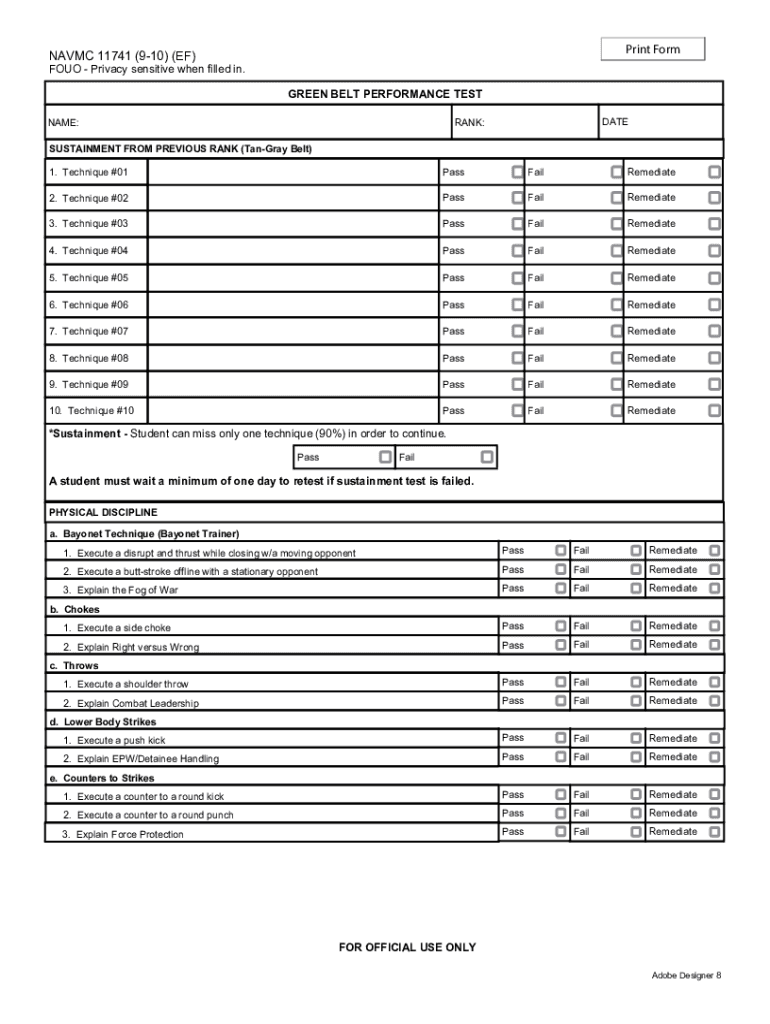 NAVMC 11741 Green Belt Performance Test Reformatted; Corrections Made Per TECOM G 3