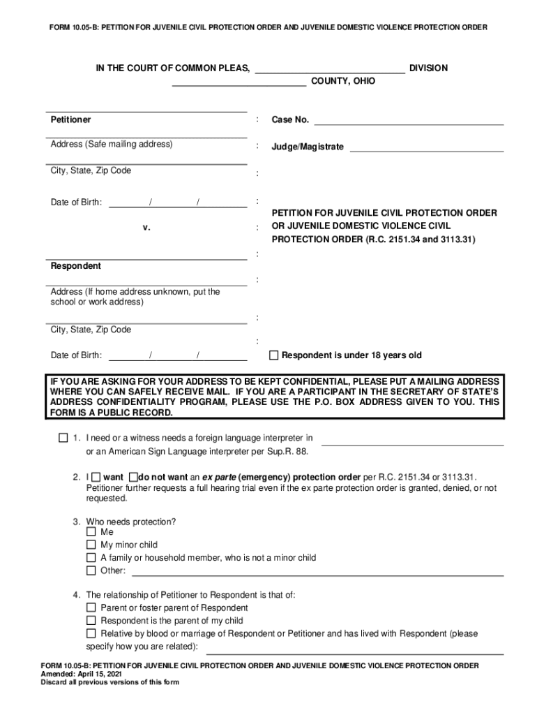  FORM 10 05B PETITION for JUVENILE CIVIL PROTECTIO 2021-2024