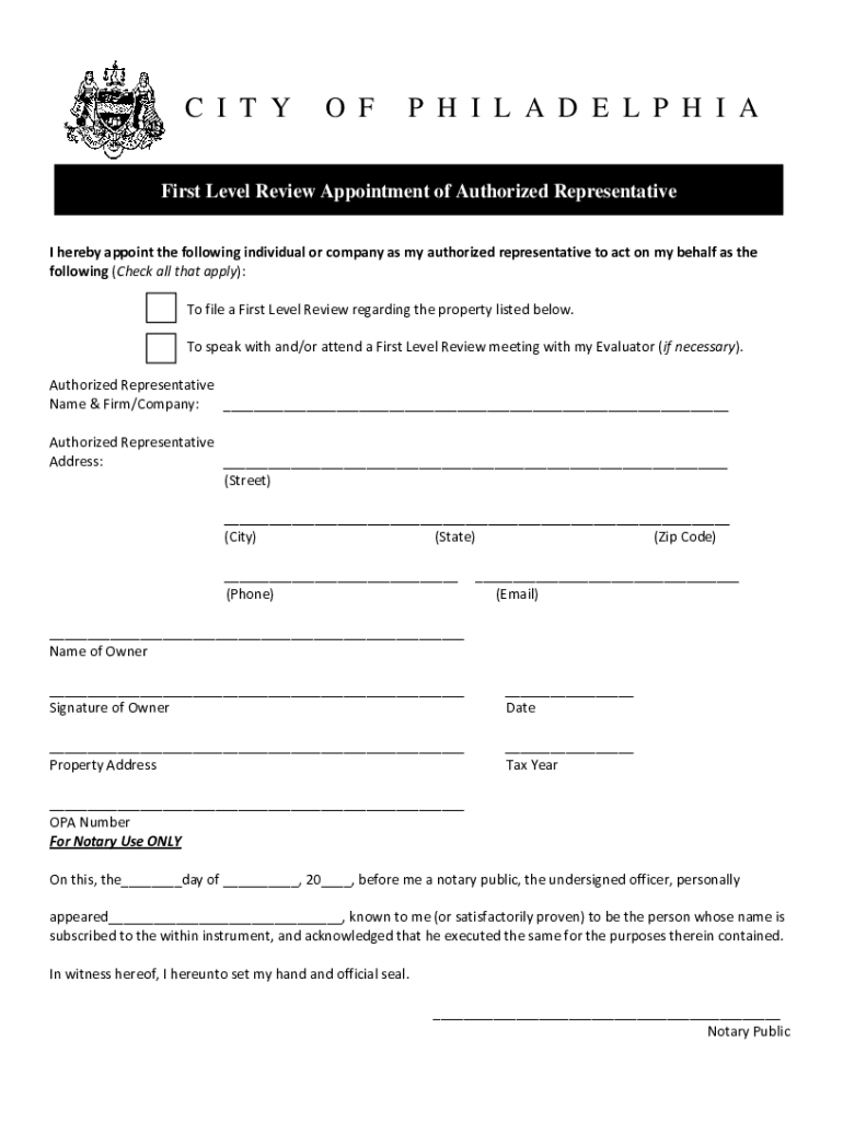 First Level Review Appointment of Authorized Representative  Form
