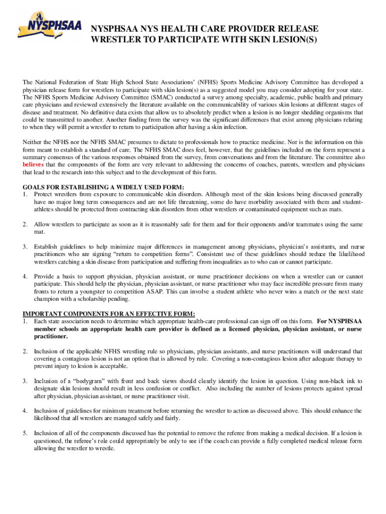 NYS Health Care Provider Release for Wrestler with Skin Lesion  Form